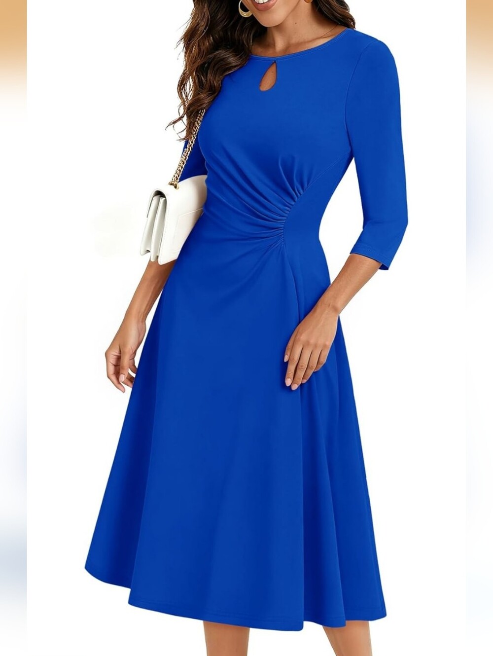 Elegant Blue Midi Dress with Keyhole Neck